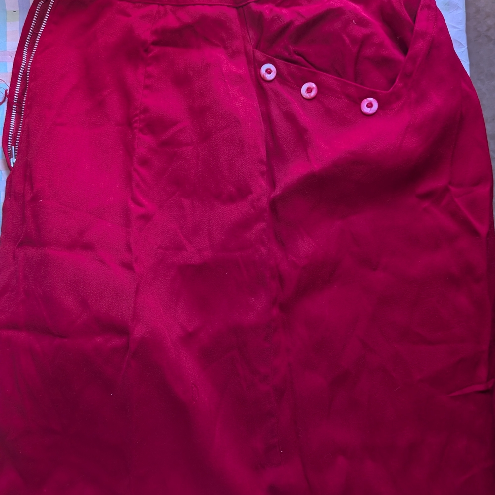 High-Waist Red Pencil Skirt with Button Detail